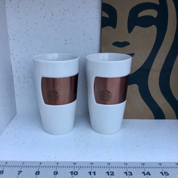 Starbucks Copper Band Tumbler Mug Ceramic 2012 White 10 Oz Mermaid Logo Cups - Picture 3 of 9